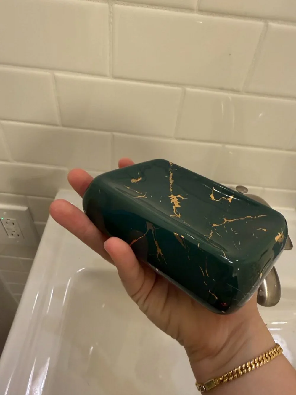 Elegant Emerald Green & Gold Marble Ceramic Soap Dish